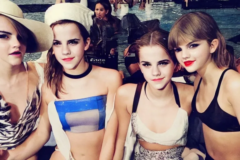 Image similar to emma watson and taylor swift and selena gomez swim together. perfect faces.