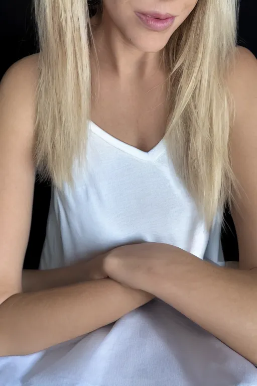 Prompt: 2 4 year old professional blonde female wearing white v - neck top, neck zoomed in, photo realistic, extreme detail skin, light freckles, no filter, slr, golden hour, 4 k, high definition, photograph, selfie