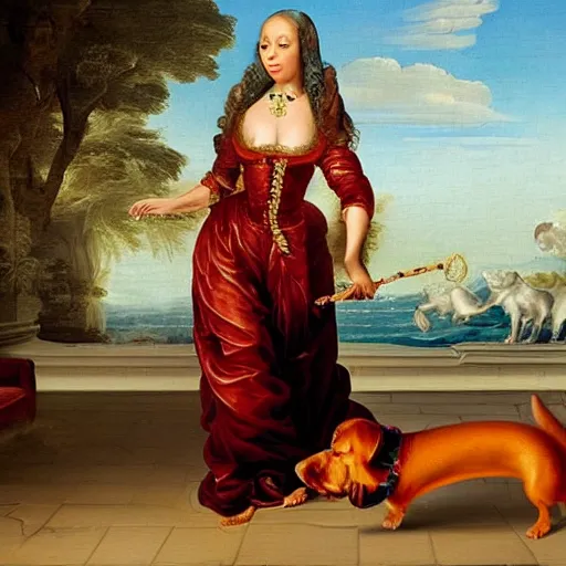 Image similar to nicki minaj walking a dachshund baroque oil painting