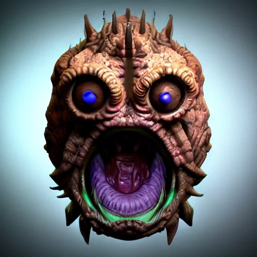 Image similar to of 3 d render, realistic, skin details, an evil beholder creature from d & d