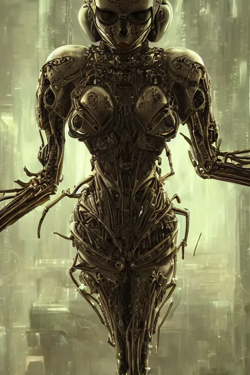 Image similar to ultra realist and ultra intricate detailed soft painting of an beautiful armored arachne female biomechanical body, symmetry features, sensual gloomy style, volumetric clouds, cyberpunk background, artstation, unreal render, depth of field