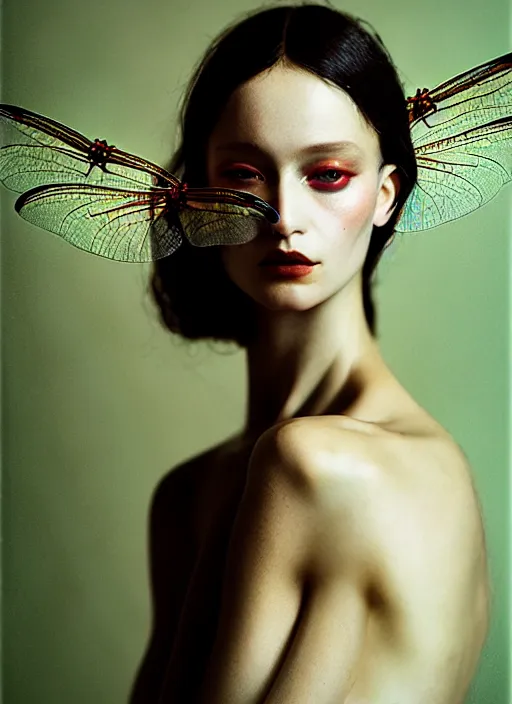 Prompt: cinestill 5 0 d portrait shot of a beautiful woman hybrid in style of paolo roversi by roberto ferri, translucent dragonfly wings body detailed, 1 5 0 mm lens, f 1. 4, sharp focus, ethereal, emotionally evoking, head in focus, volumetric lighting, tonal colors outdoor