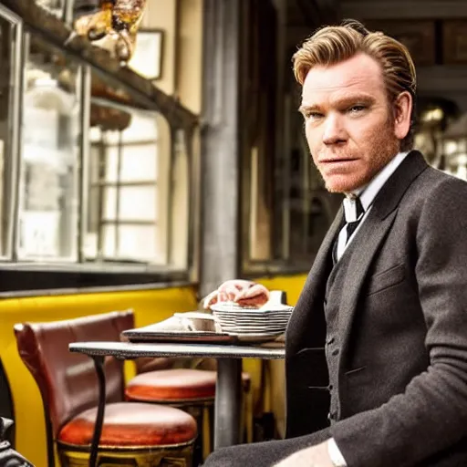 Image similar to ewan mcgregor from behind dressed as a gentleman in early 2 0 th century paris cafe. warm colour, brown colours, yellow colours