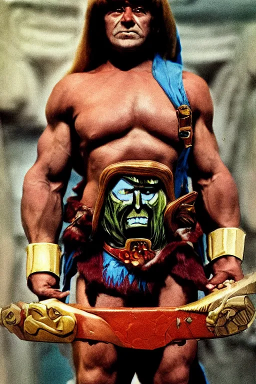 Image similar to he - man, portrait, full body, symmetrical features, color photo, 1 9 8 5 photograph, kodachrome, aged paper, sergio leone, master prime lenses, cinematic