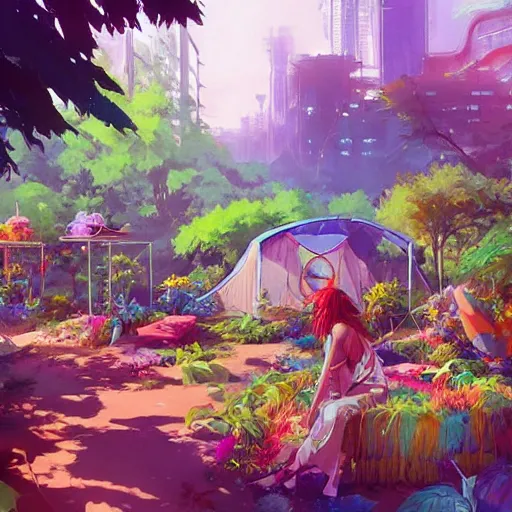 Image similar to hippie bohemian encampment with tie - dye tents and a garden. cyberpunk art by jesper ejsing, by rhads and makoto shinkai and lois van baarle and ilya kuvshinov and rossdraws, cgsociety, panfuturism, nature utopia, anime aesthetic