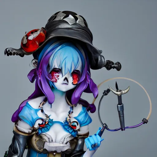 Image similar to by Yoshitaka Amano, by James Jean, by Good Smile Company, detailed resin anime sculpture of a 26yo female jester necromancer wearing a skull hat, close up dslr studio photograph, headshot, portrait, artstation, grimdark costume, rim lighting