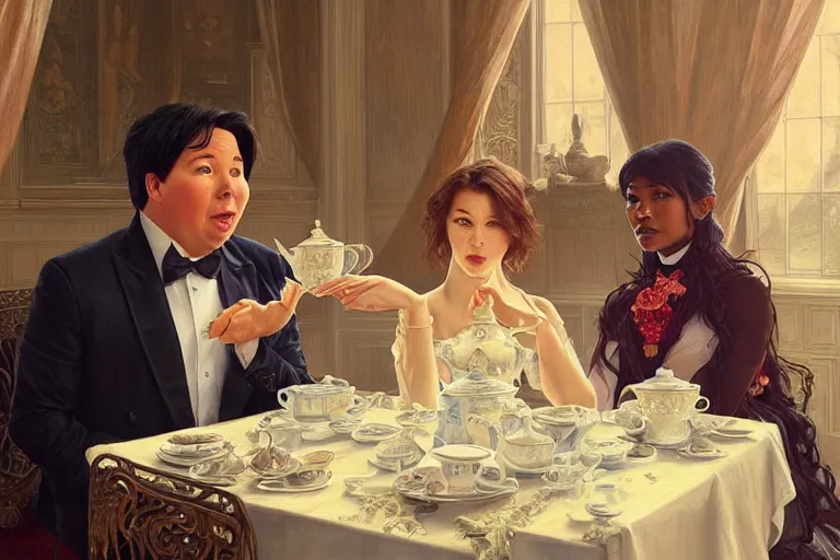 Prompt: michael mcintyre and faith brown having tea at the ritz, real life skin, intricate, elegant, highly detailed, artstation, concept art, smooth, sharp focus, art by artgerm and greg rutkowski and alphonse mucha