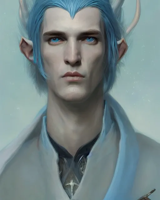 Prompt: character portrait of a slender young half elven man with white hair, piercing blue eyes, and pale blue skin, by greg rutkowski and mark brookes and jim burns and tom bagshaw and magali villeneuve, trending on artstation