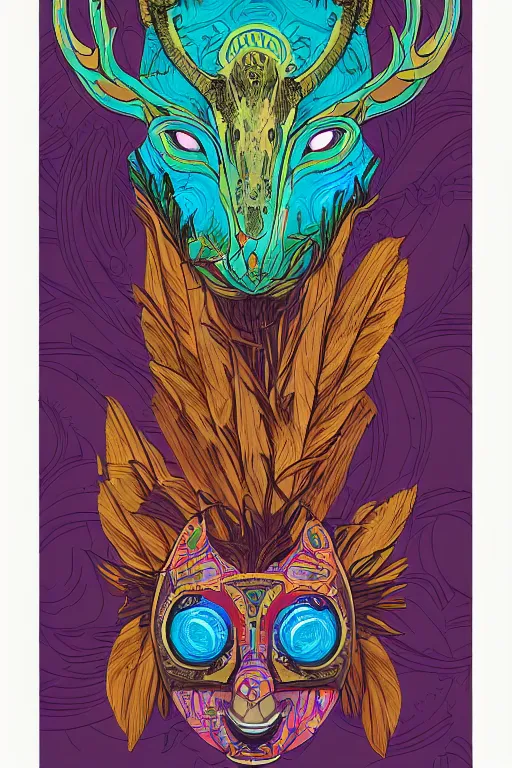 Image similar to animal mask totem roots flower tribal feather gemstone plant wood rock shaman vodoo video game vector cutout illustration vivid multicolor borderlands comics by josan gonzales and dan mumford radiating a glowing aura