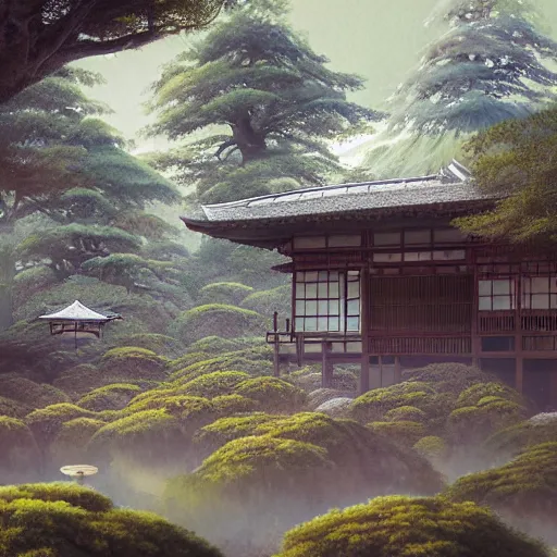 Prompt: a detailed watercolor and matte painting of a japanese tea house surrounded by trees, by Mike Winkelmann, cgsociety, fantasy art