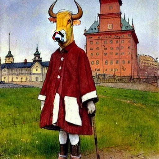 Image similar to painting by carl larsson, cow, dressed, anthropomorphic!!, wearing!!! clothes!!!, standing next to royal castle!!!