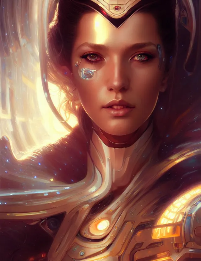 Image similar to futuristic woman portrait, sci-fi, amber eyes, face, long hair, fantasy, intricate, elegant, highly detailed, digital painting, artstation, concept art, smooth, sharp focus, illustration, art by artgerm and greg rutkowski and alphonse mucha