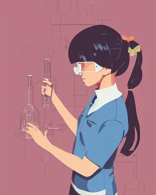 Image similar to a little girl is doing a science experiment. clean cel shaded vector art. minimalist illustration art by lois van baarle, artgerm, helen huang by makoto shinkai and ilya kuvshinov, rossdraws