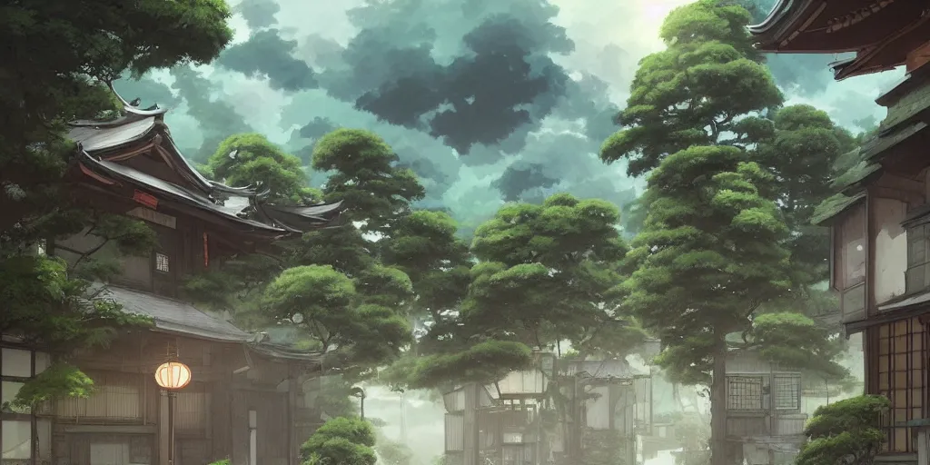 Image similar to An quaint japanese street with verdant mountains in the background, stormy day, god rays, in the style of Arcane, Greg Rutkowski and Studio Ghibli