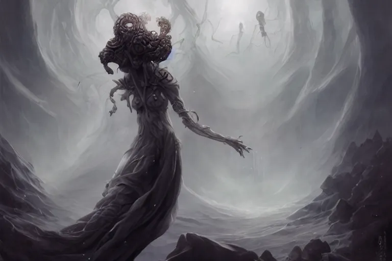 Image similar to a humanoid creature with pale white skin and a gaunt face. the creature is bald. the god of imagination. it is wearing a black flowing cloak that looks like mist. it is crafting an imaginary world. cosmic horror. art by peter mohrbacher.