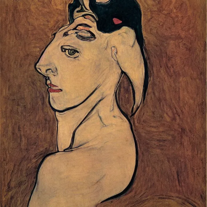 Image similar to portrait of a panther woman. henri de toulouse - lautrec,, egon schiele, aubrey beardsley, moebius