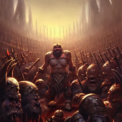 Image similar to painting of a single dwarven berserker facing a crew of crazy goblin warriors in deadly combat on a gladiator pit, sharp focus, high symmetry, award - winning, trending on artstation, masterpiece, highly detailed, intricate. art by seb mckinnon