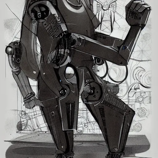 Prompt: ccyborg man, thin, short hair, small scar on the chin, a robotic arm and big shoes, sophisticated clothing with some steampunk elements, gesture dynamic, organic, appealing, book cover, deep shadows, by Dave McKean sketch lineart for character design