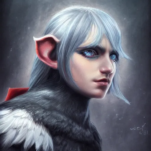 Prompt: portrait of darl elf, fantasy, blue eyes, calm expression, fantasy, thinking, raven in background, highly detailed, digital painting, gradient black charcoal red, concept art, smooth, b sharp focus, illustration, golden ratio 8 k