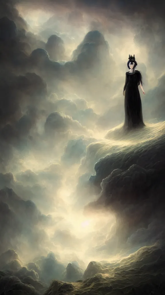 Prompt: a woman with very black hair and pale skin with a crown on her head walking on the clouds, in the style of tomasz alen kopera and fenghua zhong and peter mohrbacher, mystical colors, rim light, beautiful lighting, 8 k, stunning scene, raytracing, octane, trending on artstation,