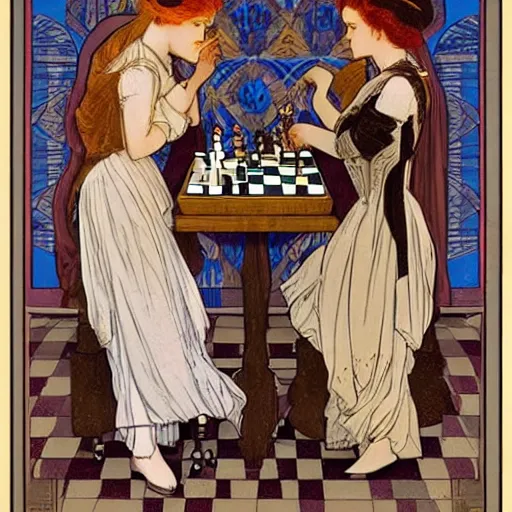 Prompt: two young edwardian women playing chess, in the style of mucha