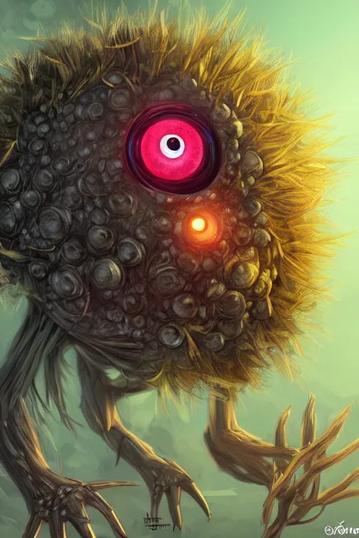 Prompt: a humanoid figure dandelion monster with bulbous glowing eyes, highly detailed, digital art, sharp focus, trending on art station, artichoke, anime art style
