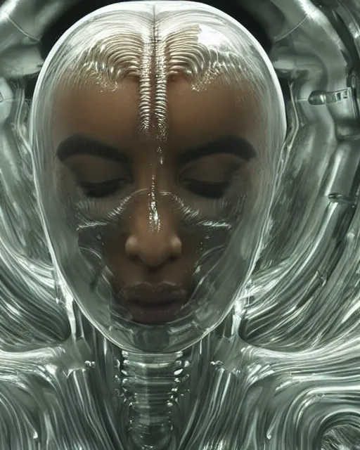 Image similar to cinematic full - body - shot still of kim kardashian unconscious in a transparent alien liquid, wet flowing hair, gooey skin, illustration, unreal engine 5, 8 k, made by h. r. giger.