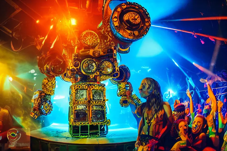 Image similar to scene is elrow party in amnesia in ibiza, portrait photo of a giant huge golden and blue metal steampunk robot, with gears and tubes, eyes are glowing red lightbulbs, audience selfie, shiny crisp finish, 3 d render, 8 k, insaneley detailed, fluorescent colors, haluzinogetic, background is multicolored lasershow