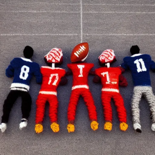 Image similar to low angle shot of football players made of yarn about to collide, dramatic lighting, shallow depth of field, football players are made of yarn