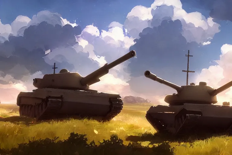 Image similar to a tank mixed with a church, scene in an open field. key visual, conceptart, ambient lighting, highly detailed, digital painting, artstation, concept art, sharp focus, by makoto shinkai and akihiko yoshida and greg manchess