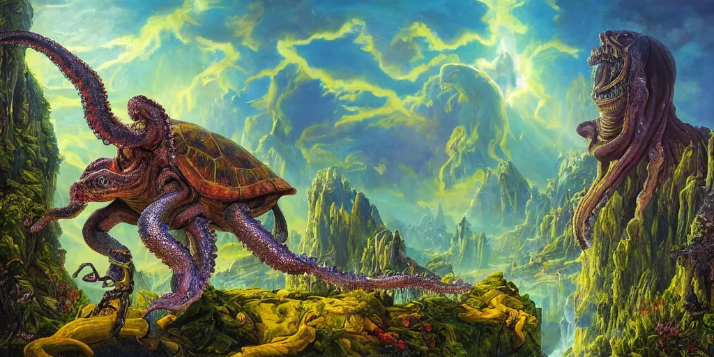 Image similar to fantasy oil painting, great leviathan, cybernetic turtle cephalopod terrapin reptilian pachyderm squid, bella hadid, hybrid, milla jovovich, anubis, epic natural light, lush plants flowers, spectacular mountains, bright clouds, luminous sky, outer worlds, golden hour, michael cheval, edward hopper, michael whelan, vray, hd