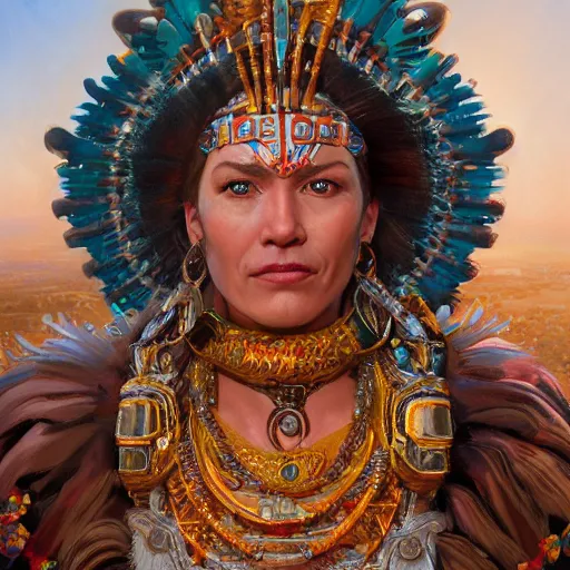 Prompt: an portrait of an happy female aztec empress, detailed, centered, digital painting, artstation, concept art, donato giancola, Joseph Christian Leyendecker, WLOP, Boris Vallejo, Breathtaking, 8k resolution, extremely detailed, beautiful, establishing shot, artistic, hyperrealistic, beautiful face, octane render