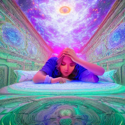 Image similar to photorealistic goddess sleeping in a 4 d dmt world. hyperdetailed photorealism, 1 0 8 megapixels, amazing depth, high resolution, 3 d shading, 3 d finalrender, 3 d cinematic lighting, glowing rich colors, psychedelic overtones, artstation concept art.