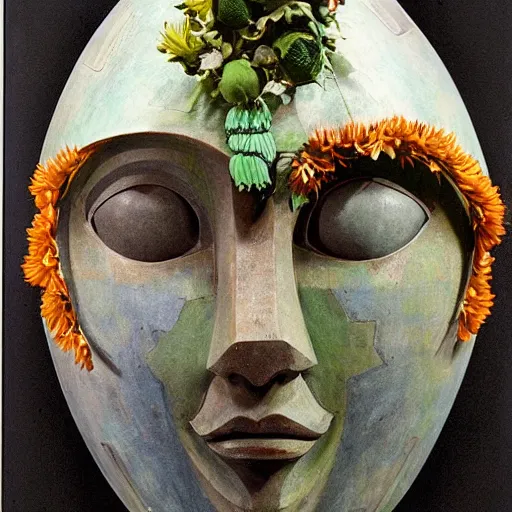 Prompt: a sculpture of a robot wearing a mask made of flowers, by annie swynnerton and diego rivera, symbolist, dramatic lighting, elaborate geometric ornament, art brut, soft cool colors, smooth, sharp focus, extremely detailed, adolf wolfli and dan munford