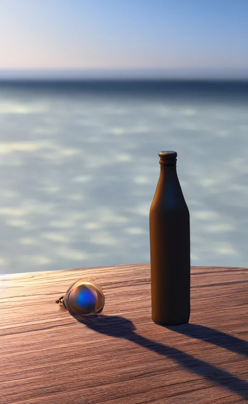 Image similar to a supernova inside a water bottle on a wooden table, hyperrealistic, concept art, octane render, unreal engine 5, trending on artstation, high quality, highly detailed, 8 k hdr, soft lighting, path traced, a beach at sunset in the background, bloom, high coherence, symmetrical, high contrast, digital art, serene landscape, cinematic