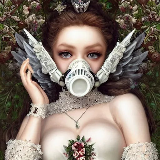 Image similar to A masterpiece ultrarealistic ultradetailed portrait of a Incredibly beautiful angel armored princess knight IN INCREDIBLE ceramic GAS MASK WITH FLOWERS and swarovski crystals. baroque renaissance. in the forest. White amazing corset. medium shot, intricate, elegant, highly detailed. trending on artstation, digital art, by Stanley Artgerm Lau, WLOP, Rossdraws, James Jean, Andrei Riabovitchev, Marc Simonetti, Yoshitaka Amano. background by James Jean and Gustav Klimt, light by Julie Bell, 4k, porcelain skin. BY ZDIZISLAW BEKSINSKI Cinematic concept art