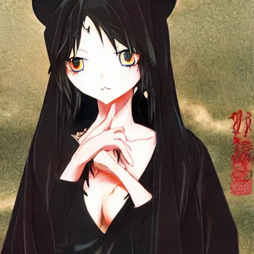 Image similar to archetype of death ((the grim reaper)) is a cute neko girl, anime waifu, posing nicely for a picture, shy, bashful, sweet colors, dark black robe, blush, by Ilya Repin and Maurice Sendak