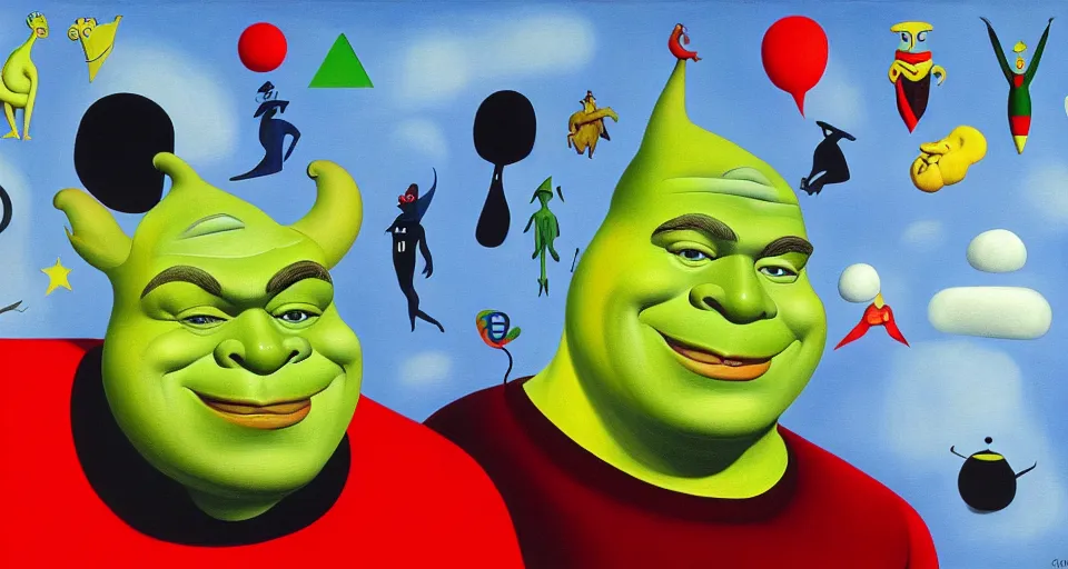 Prompt: a surrealist painting of shrek by alexandr archipenko and rene magritte and joan miro, 4 k, trending on artstation, detailed, wallpaper background, film still