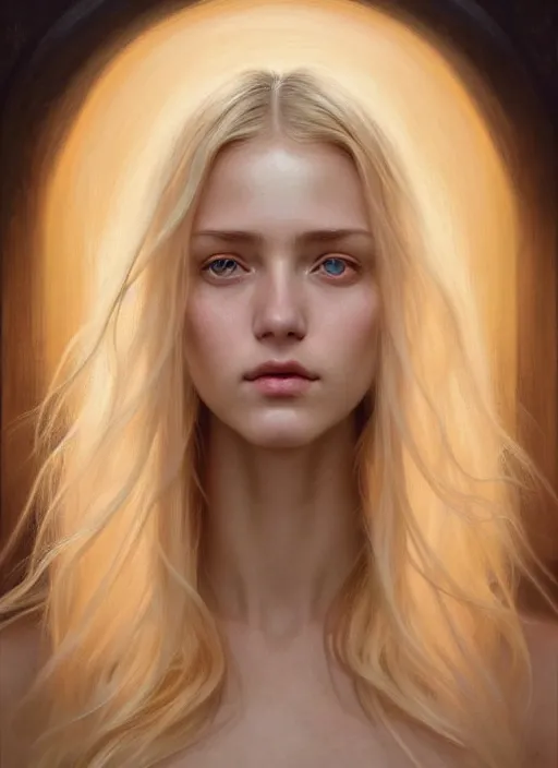 Image similar to beautiful symmetrical face, portrait of young woman blessed with ever - increasing physical and mental perfection, realism, blonde hair, perfect face!! intricate, elegant, highly detailed, vision of holy perfection!! digital painting, artstation, concept art, smooth, sharp focus, illustration, humanity, art by artgerm and greg rutkowski and alphonse mucha