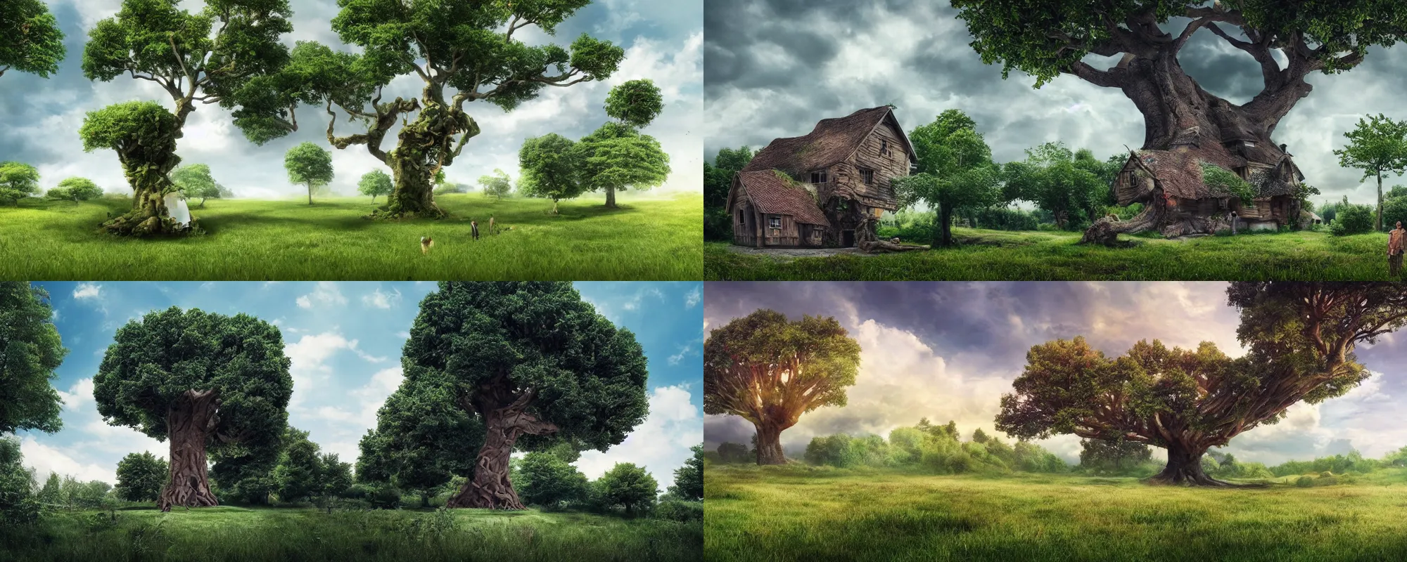 Prompt: A village where all the houses are made of very realistic sneakers, a huge realistic tree in the middle of the village, illusion of divine transparent multi-colored clouds, very long grass behance hd, 8k