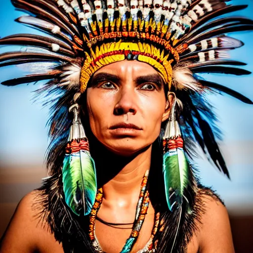 Image similar to portrait of a cyberpunk tribal woman, ornate headdress with cables feathers and bones, gritty realism, movie still,