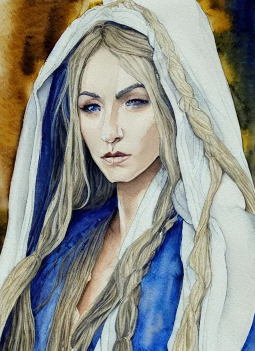 Image similar to watercolour of a female elven wizard with long wavy blond hair in a cloak, fantasy, hyperrealism