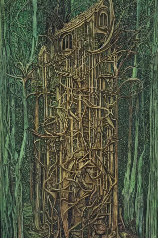 Image similar to a house in the forest by h. r. giger, painterly, alex grey, moebius