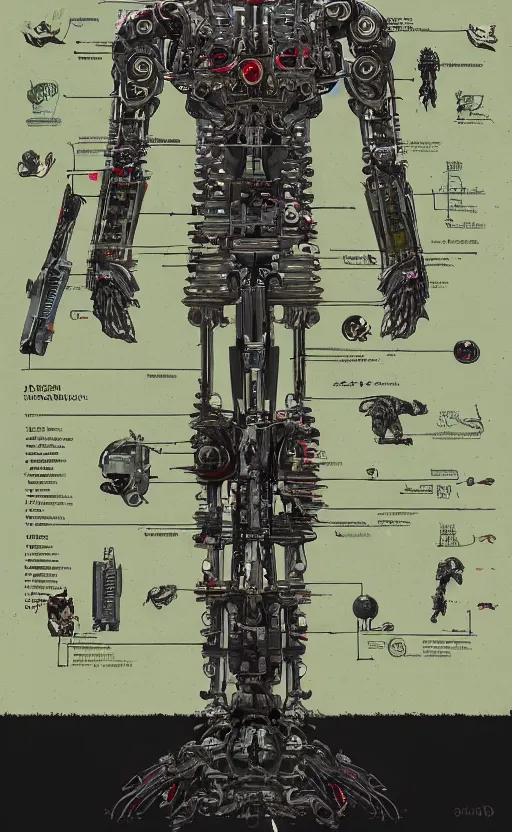 Prompt: anatomy of the terminator, robot, cyborg, t100, bloodborne diagrams, mystical, intricate ornamental tower floral flourishes, technology meets fantasy, map, infographic, concept art, art station, style of wes anderson
