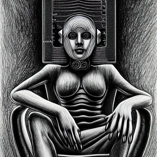 Prompt: a drawing of a person sitting on a chair, cyberpunk art by ernst fuchs, behance contest winner, metaphysical painting, darksynth, fractalism, circuitry, arstation