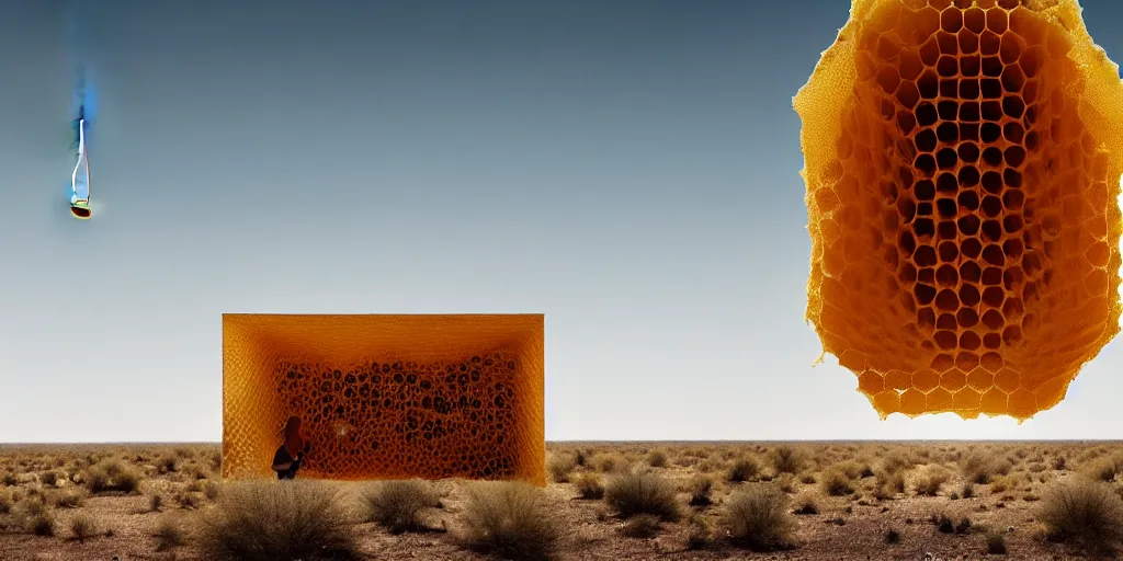 Prompt: real white honeycomb organic building with dripping honey by tomas gabzdil libertiny sitting on the arizona desert, film still from the movie directed by denis villeneuve arrival movie aesthetic with art direction by zdzisław beksinski, telephoto lens, shallow depth of field