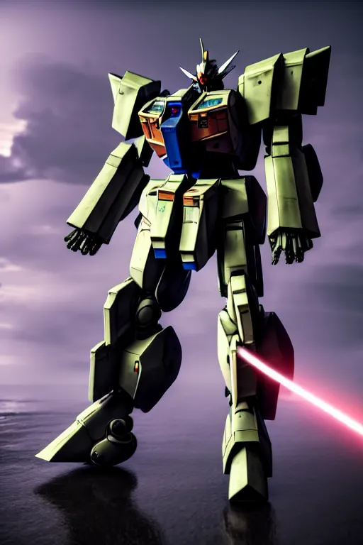 Image similar to hyper detailed 8 k cinematic still, rendering with volumetric lightning and ray tracing, show case of a skinny full body aggressive armored core gundam jaeger, weathering armor plating, decipticon armor plating, aggressive head, endoekeleton exposure