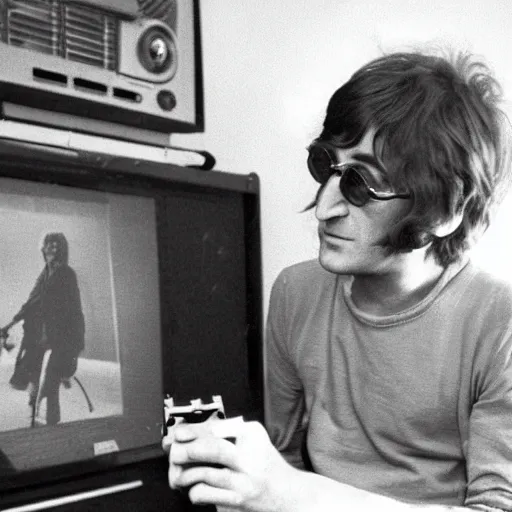 Prompt: John Lennon playing on his PS5, 1973