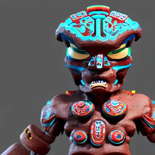 Image similar to closeup 3 d toy maori aztec god as funco toy, plastic, sss, octane 4 k render, studio lighting, artstation, cyan photographic backdrop, 1 0 5 mm, f 2. 8 aperture