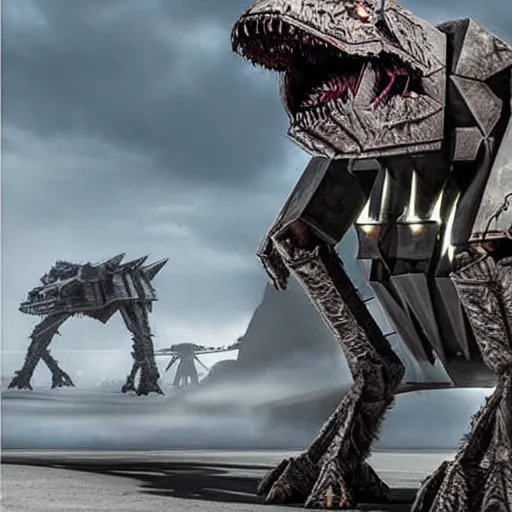 Image similar to a fusion between the tarrasque and an AT-AT, flat grey color, completely metal, guns on shoulders, hyper-realistic CG